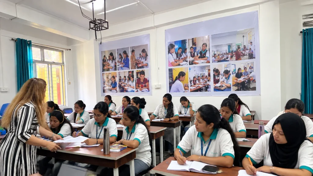 Rural Indian women participating in a vocational skill development training programme at a training centre.