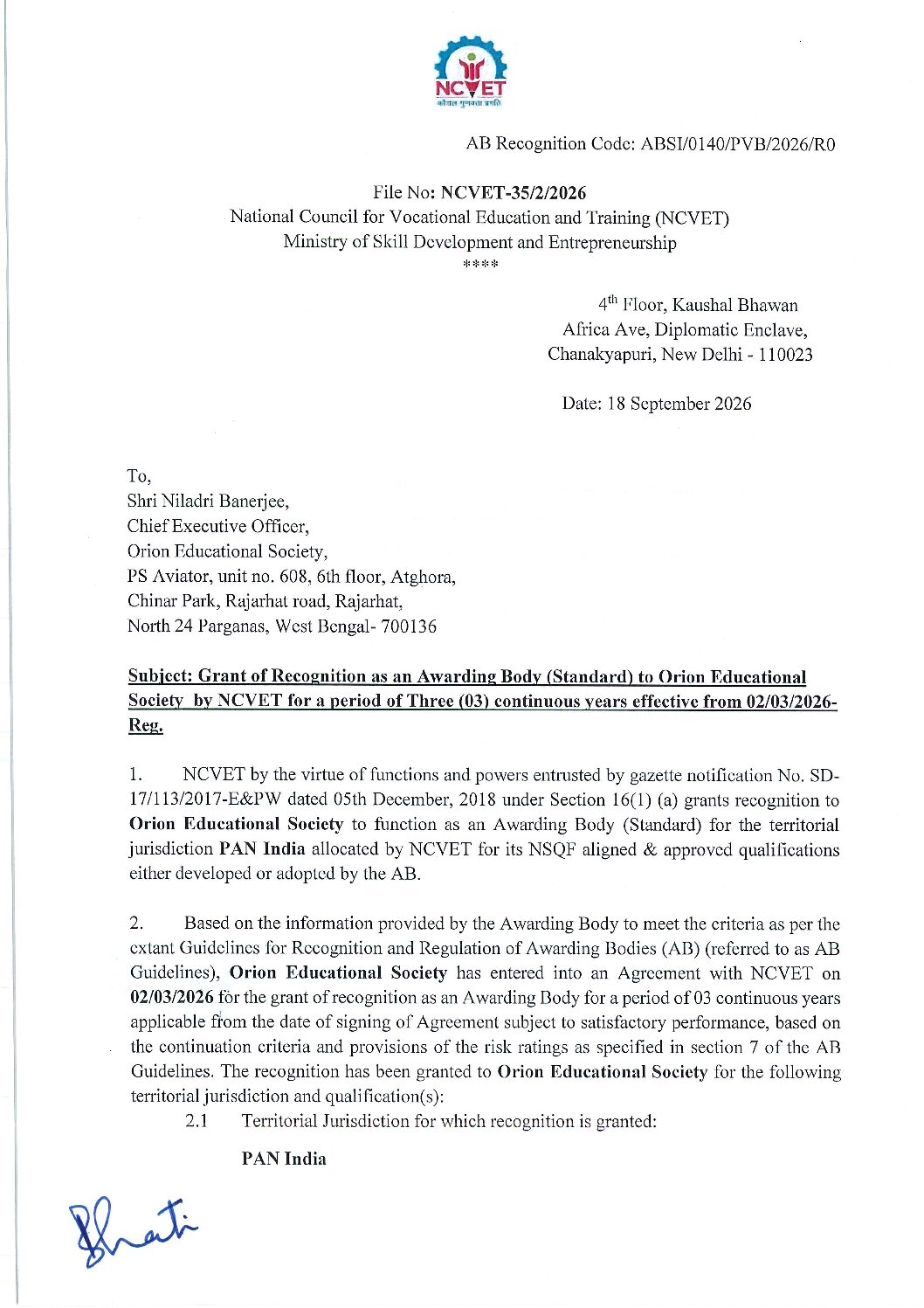 NCVET Letter of Recognition issued to Orion Educational Society