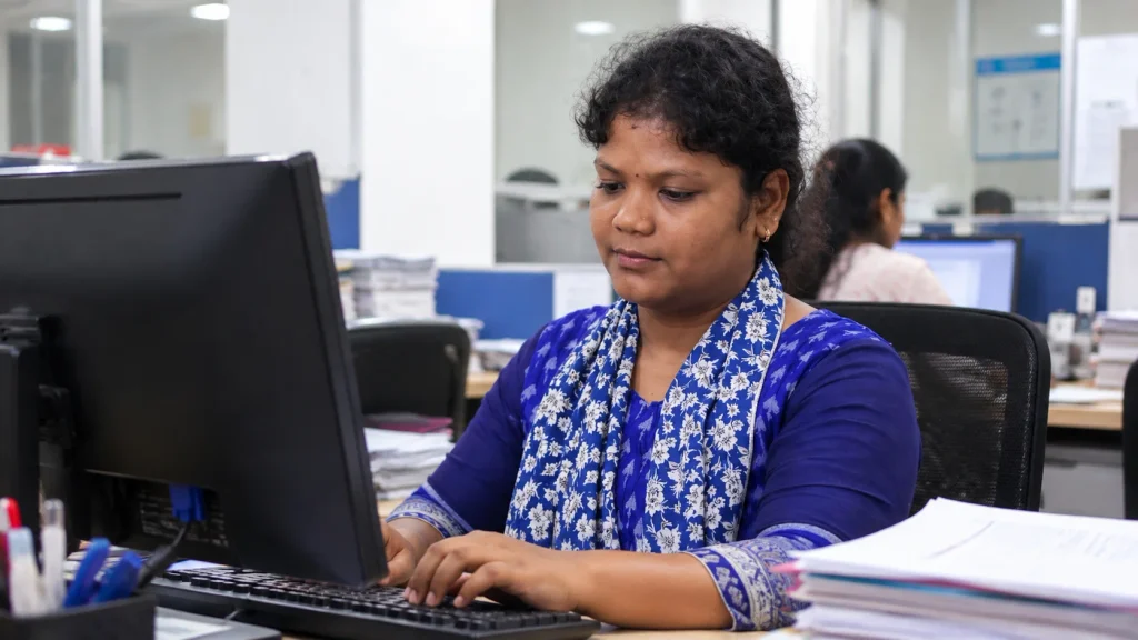 Bharati Munda working as a Data Entry Operator, using a computer in a professional office environment after completing skill training.