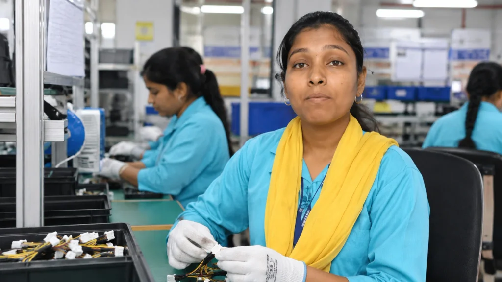 Digeswari working in line assembly at a manufacturing facility after completing skill training.