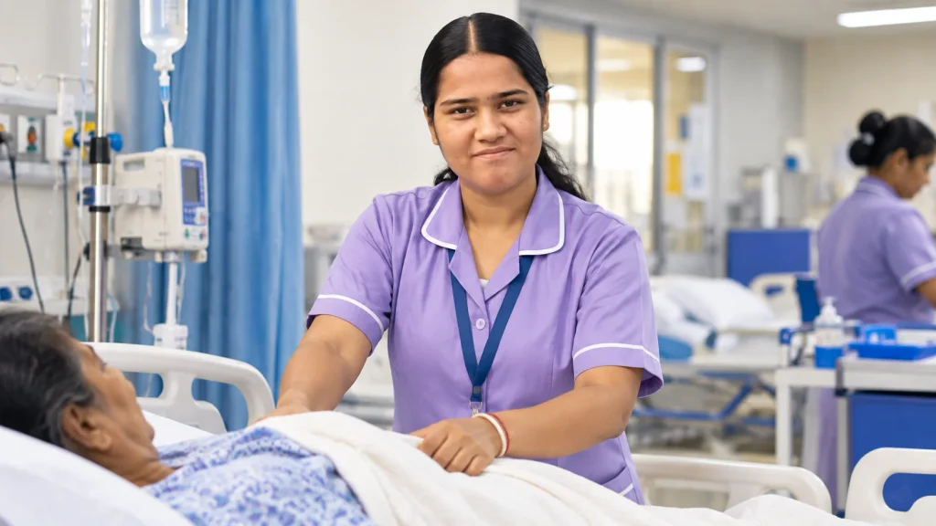 Simranjeet Kaur working as a General Duty Assistant, supporting patient care in a hospital after completing skill training.